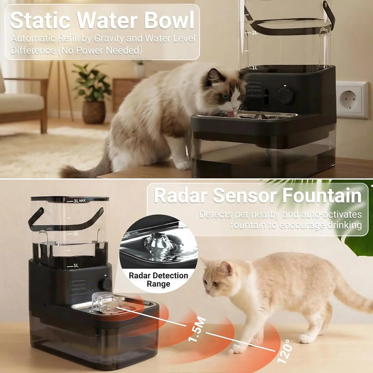 Filterless Cat Water Fountain 3L Wireless Motion Sensor with 4000mAh Battery Stainless Steel Bowls Quiet Black
