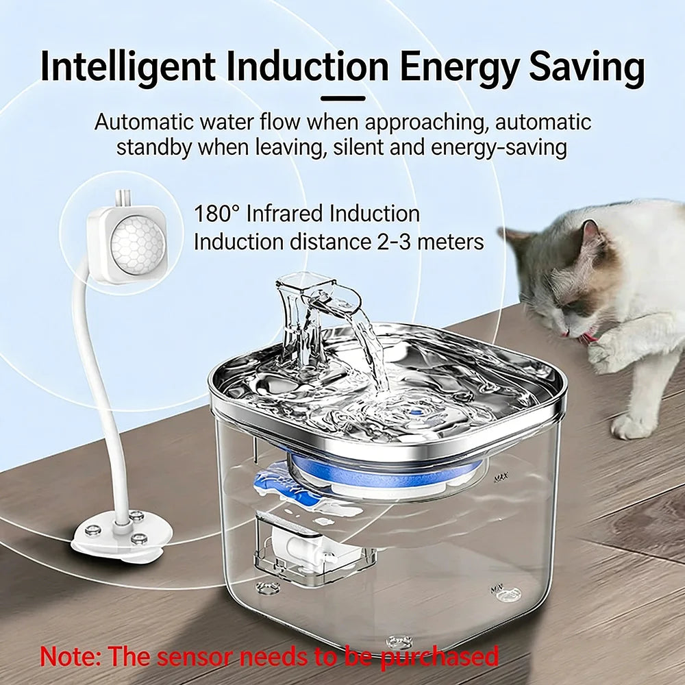 2L Stainless Steel Smart Pet Water Dispenser Automatic Flowing Water for Cats and Dogs, Visual Level, 5000mAh