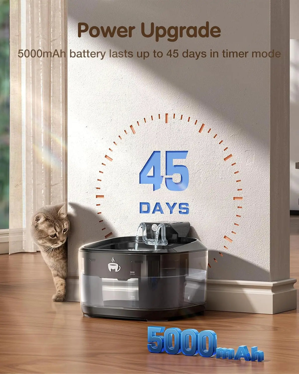 Cat Water Fountain Cordless 108oz/3.2L, Pet Drinking Fountain with 5000mAh Rechargeable Battery, 3 Modes, Motion Sensor