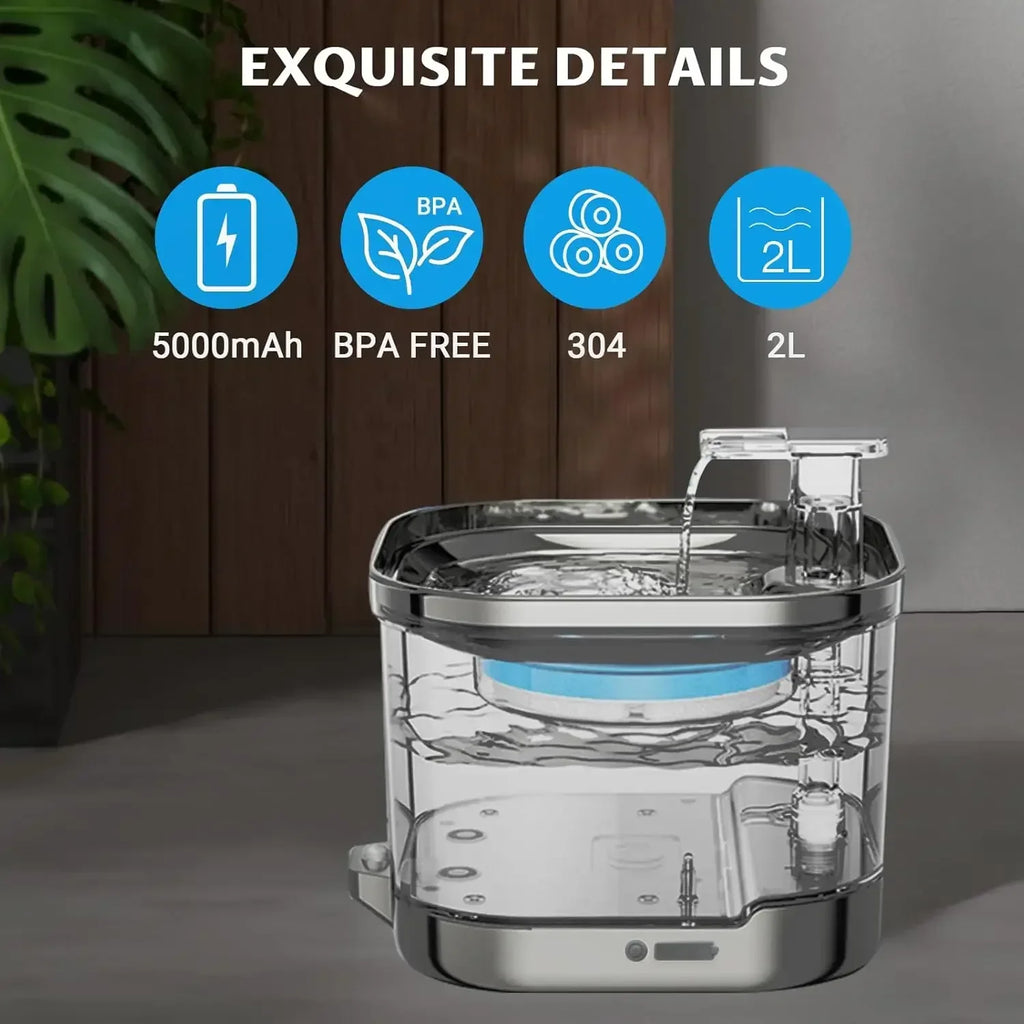 2L Stainless Steel Smart Pet Water Dispenser Automatic Flowing Water for Cats and Dogs, Visual Level, 5000mAh