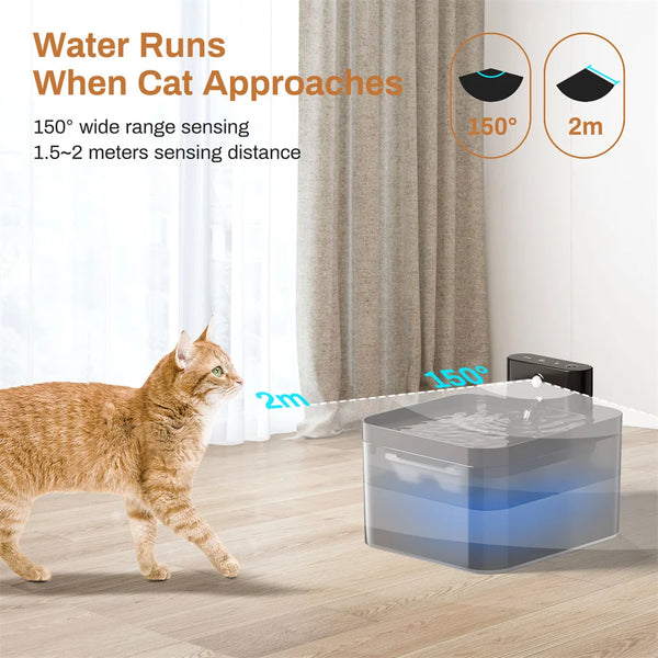 2,2 L 5 V Fontaine à eau sans fil pour chat Distributeur automatique d'eau pour chien et chat avec détecteur de mouvement