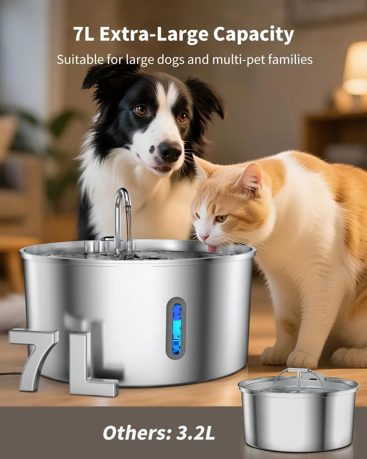 7L Stainless Steel Dog Water Fountain for Large Dogs, Automatic Dispenser with Quiet Pump