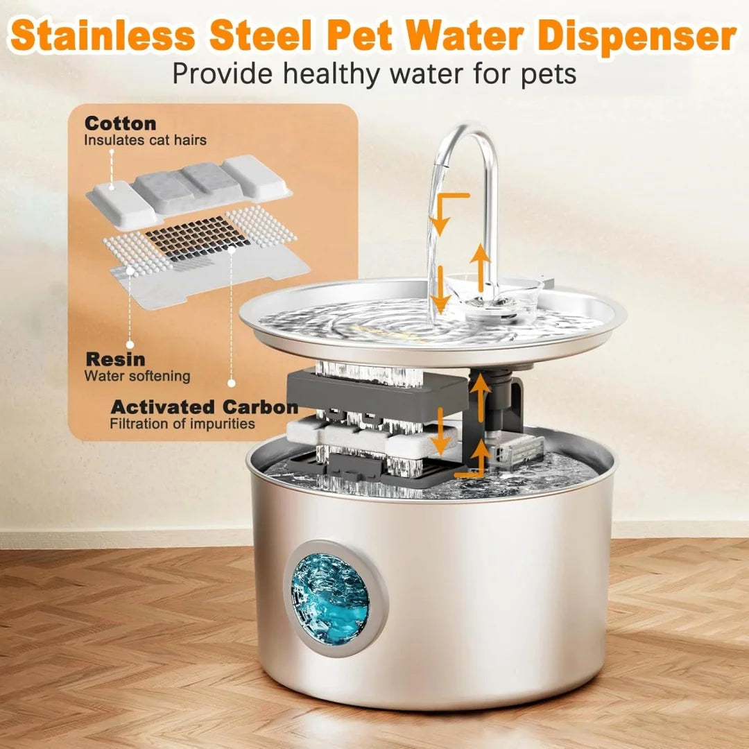 Cat Water Fountain 3.2L Stainless Steel Automatic Pet Water Dispenser with Filter Silent Pump for Cats Dog Indoor Drinking Water
