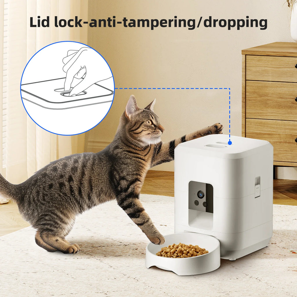 2L Automatic Pet Feeder Cat Smart Pet Feeder Wi-Fi & Camera Controlled Feeder Dog & Cat Food Dispenser Remote App (No 5V 2A plug)