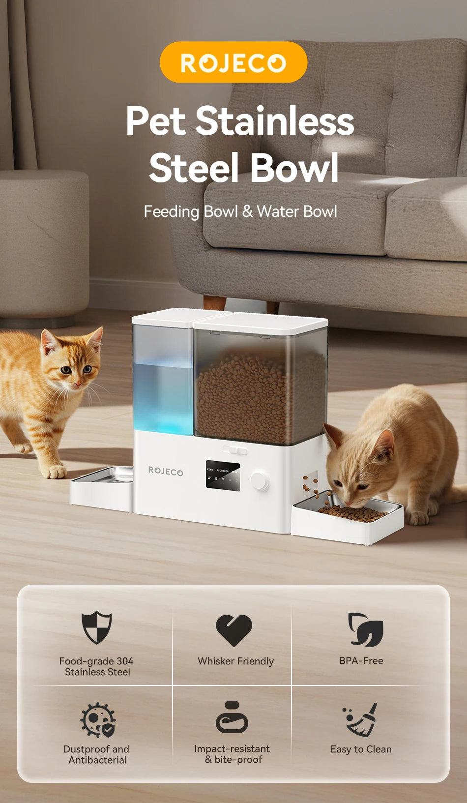 ROJECO Stainless Steel Feeding Bowl & Water Bowl Accessories For 8.5L Automatic Pet Feeder With Water Dispenser Pet Accessories