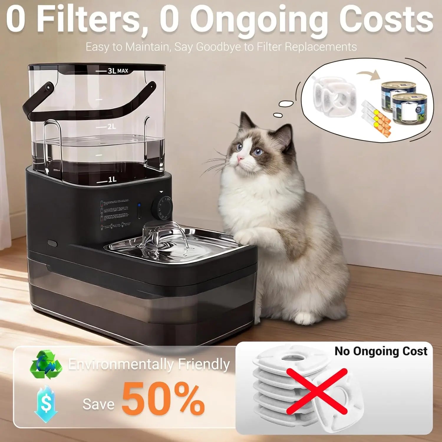 Filterless Cat Water Fountain 3L Wireless Motion Sensor with 4000mAh Battery Stainless Steel Bowls Quiet Black