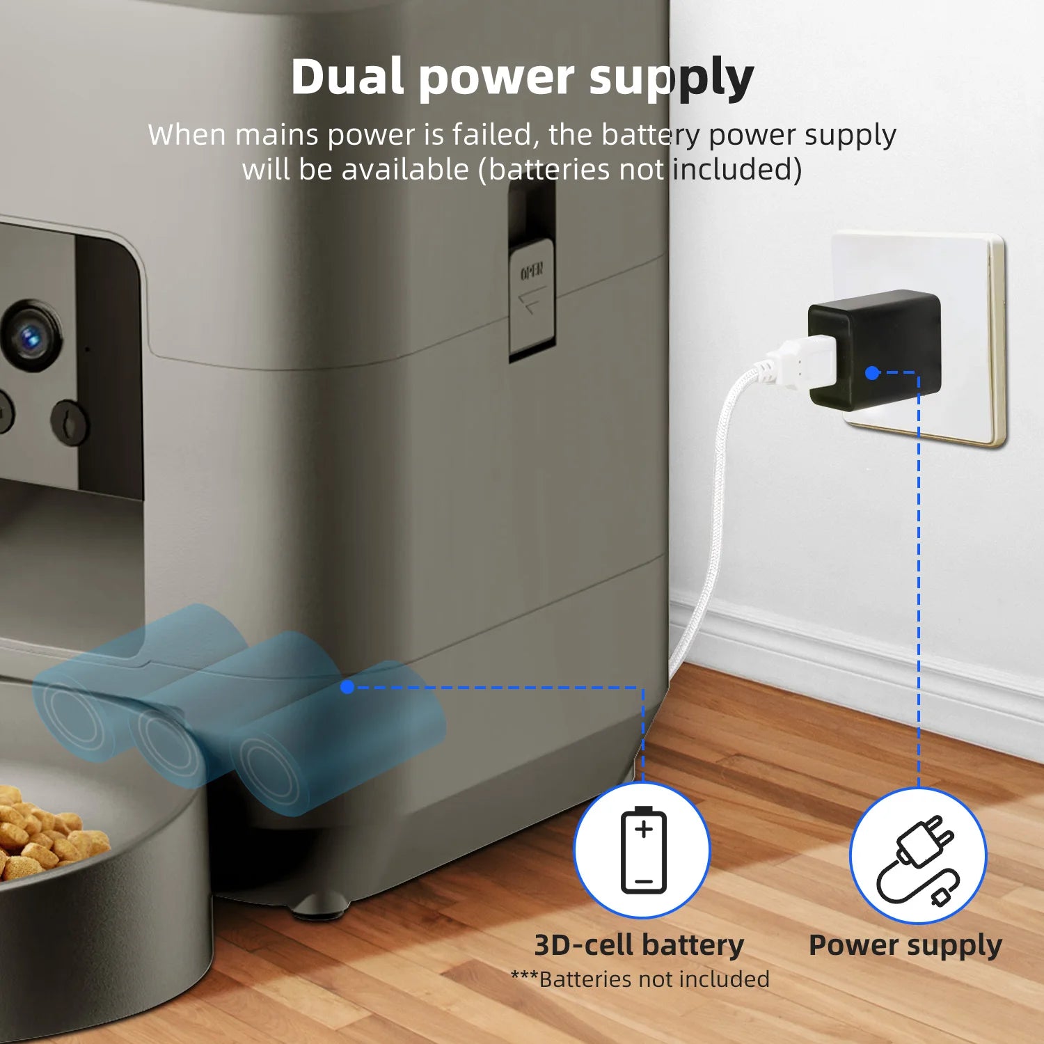 2L Automatic Pet Feeder Cat Smart Pet Feeder Wi-Fi & Camera Controlled Feeder Dog & Cat Food Dispenser Remote App (No 5V 2A plug)