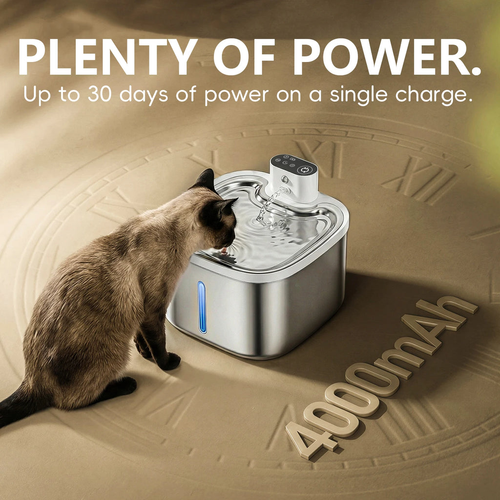 Fontaine à eau pour chat 3,5L Purificateur d'eau inductif sans fil pour animaux de compagnie, pompe silencieuse et plateau en acier inoxydable, batterie rechargeable de 4000mAh