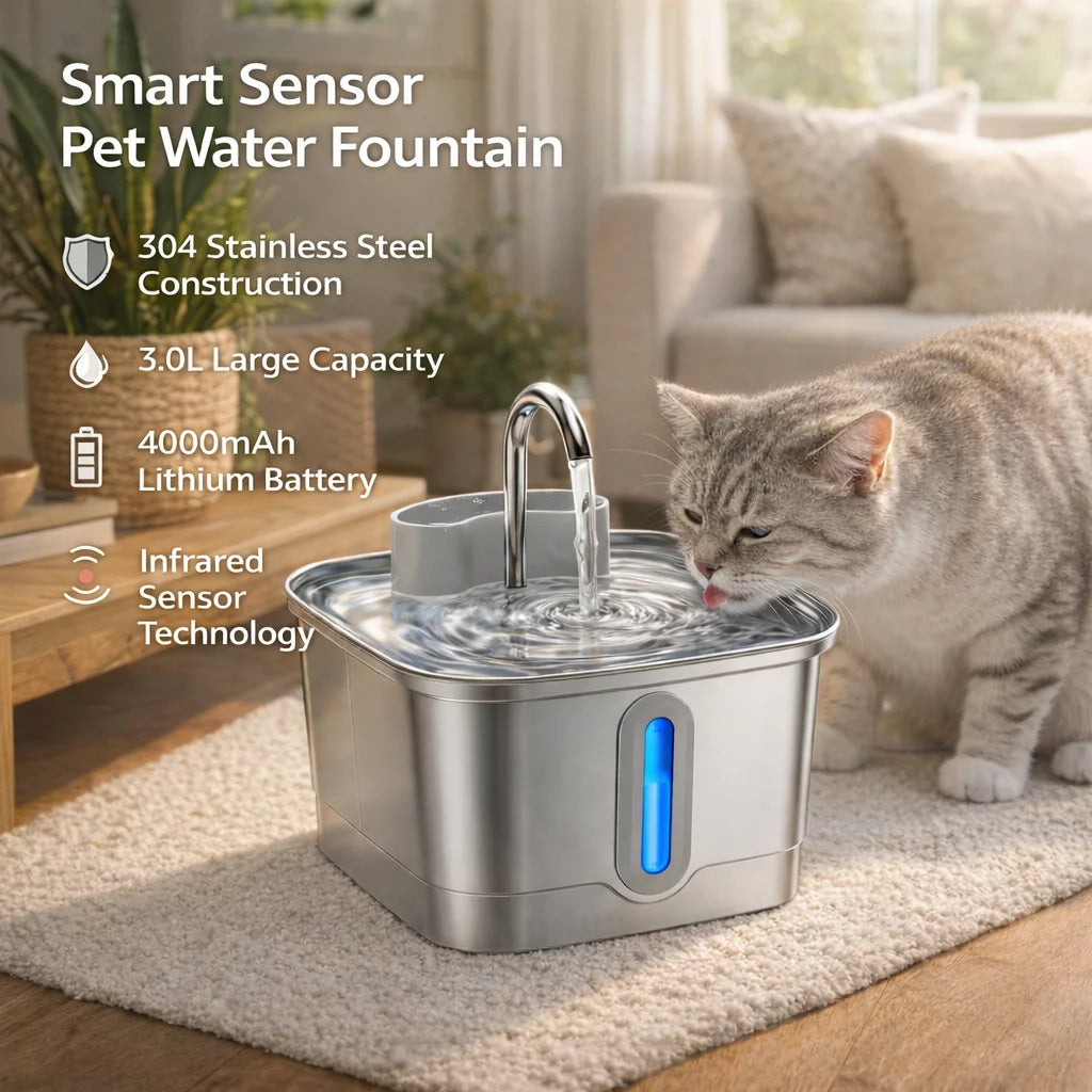 Smart Wireless Cat Water Fountain 4000mAh Rechargeable Battery Sensor Stainless Steel Automatic Pet Water Dispenser with Filter