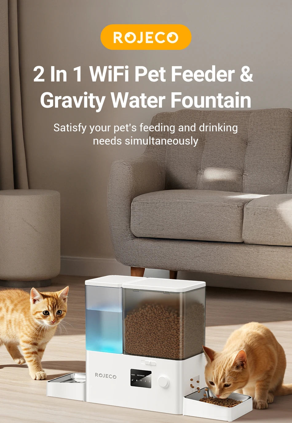 ROJECO 8.5L Automatic Pet Feeder Water Fountain WIFI APP Remote Control Smart Dog 5L Food Dispenser 3.5L Gravity Water Drinker