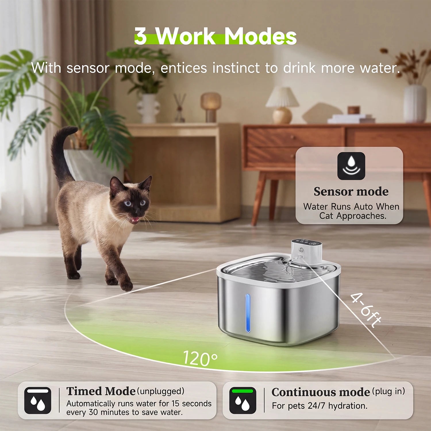 Cat Water Fountain 3.5L Wireless Inductive Pet Water Purifier, Silent Pump and Stainless Steel Tray, 4000mAh Rechargeable Battery