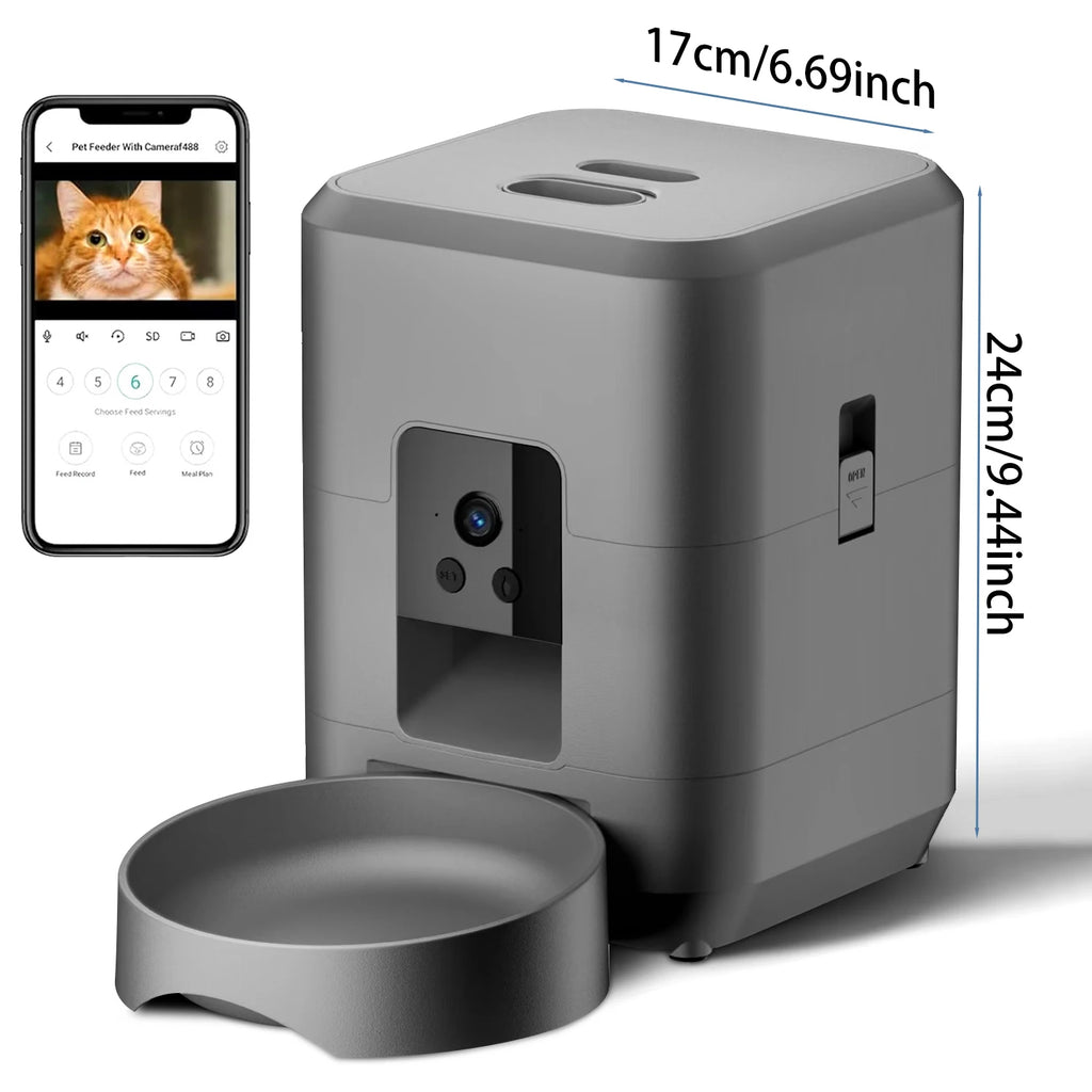 2L Automatic Pet Feeder Cat Smart Pet Feeder Wi-Fi & Camera Controlled Feeder Dog & Cat Food Dispenser Remote App (No 5V 2A plug)