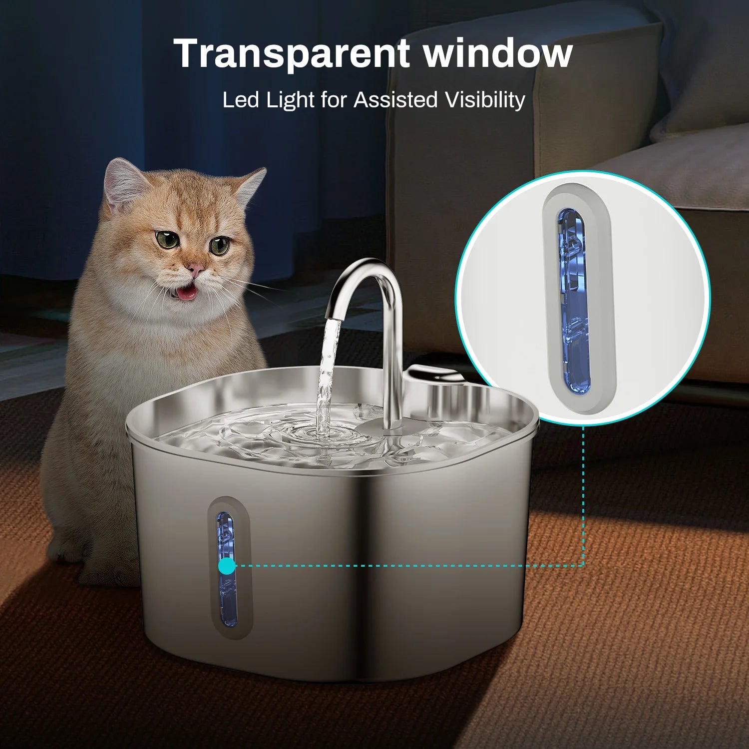 ZYFeeder 2.2L Automatic Cat Water Fountain Square Stainless Steel Pet Water Feeder Dog Water Fountain with window (No 5V 1A Plug)