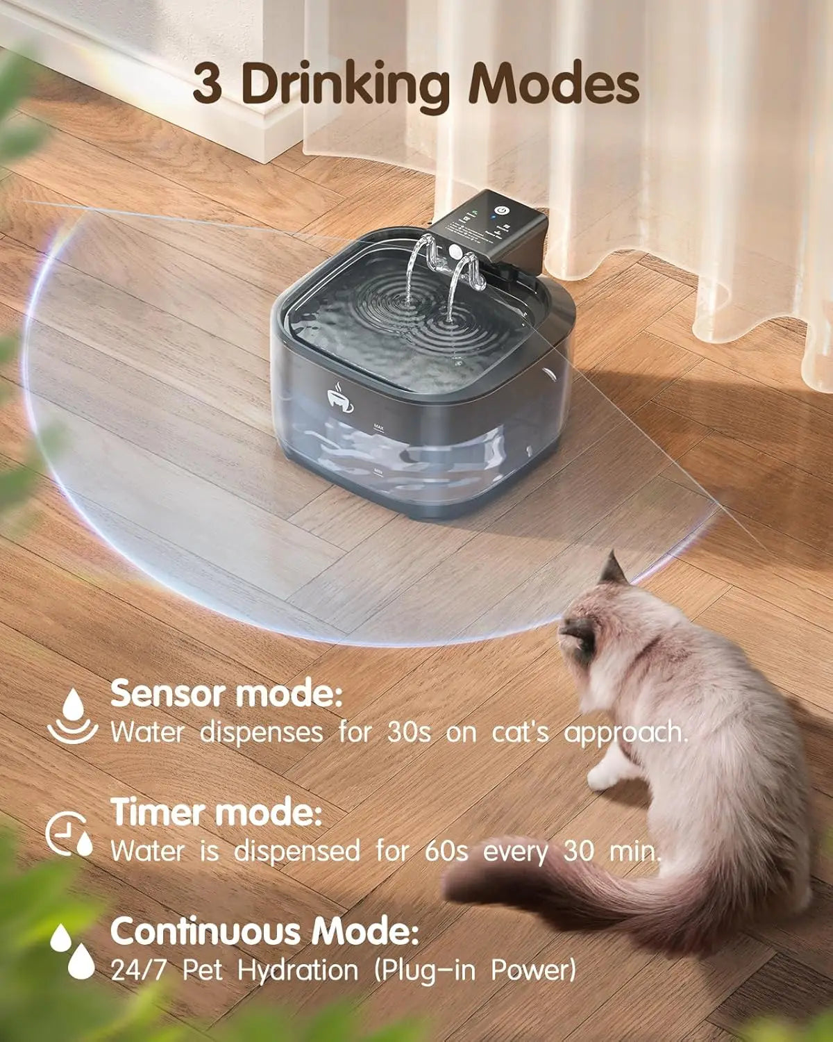 Cat Water Fountain Cordless 108oz/3.2L, Pet Drinking Fountain with 5000mAh Rechargeable Battery, 3 Modes, Motion Sensor