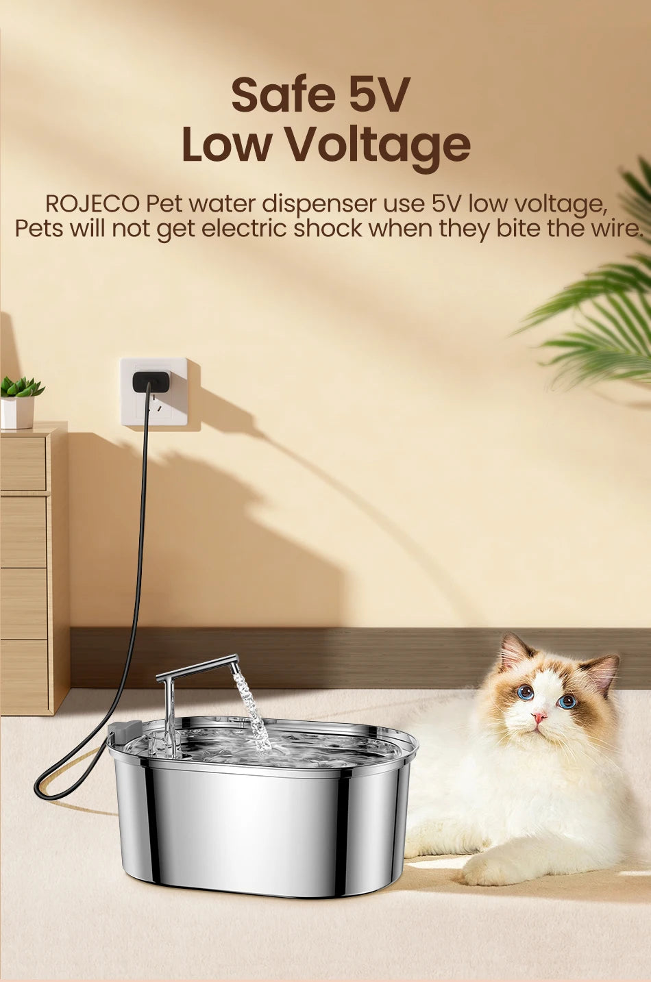 ROJECO Stainless Steel Cat Water Fountain Automatic Cat Drinker Drinking Fountain For Cats Dogs Pet Water Dispenser Accessories