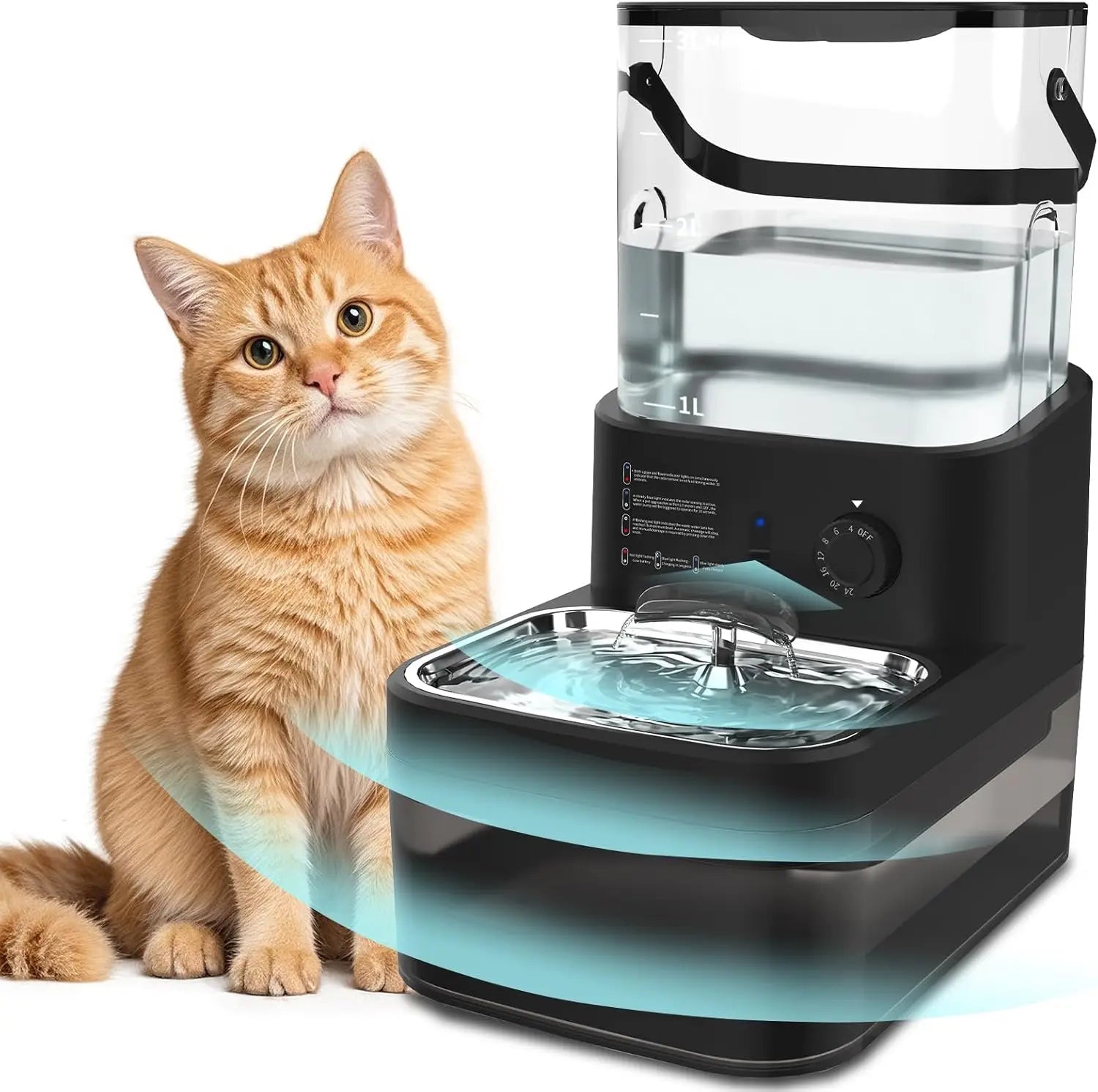 Filterless Cat Water Fountain 3L Wireless Motion Sensor with 4000mAh Battery Stainless Steel Bowls Quiet Black