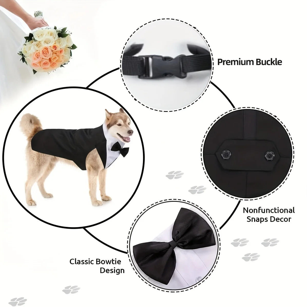 Chemise de mariage pour chien, costume d'Halloween avec bandana amovible, nœud papillon pour chiens de petite et moyenne taille