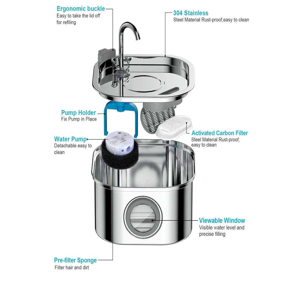 ZYFeeder 2,2 L Fontaine à eau automatique carrée en acier inoxydable pour chat, distributeur d'eau pour animaux de compagnie avec fenêtre (fiche 5 V 1 A non incluse)