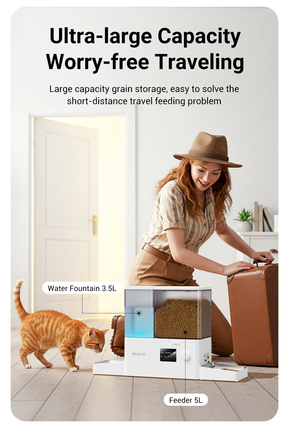 ROJECO 8.5L Automatic Pet Feeder Water Fountain WIFI APP Remote Control Smart Dog 5L Food Dispenser 3.5L Gravity Water Drinker