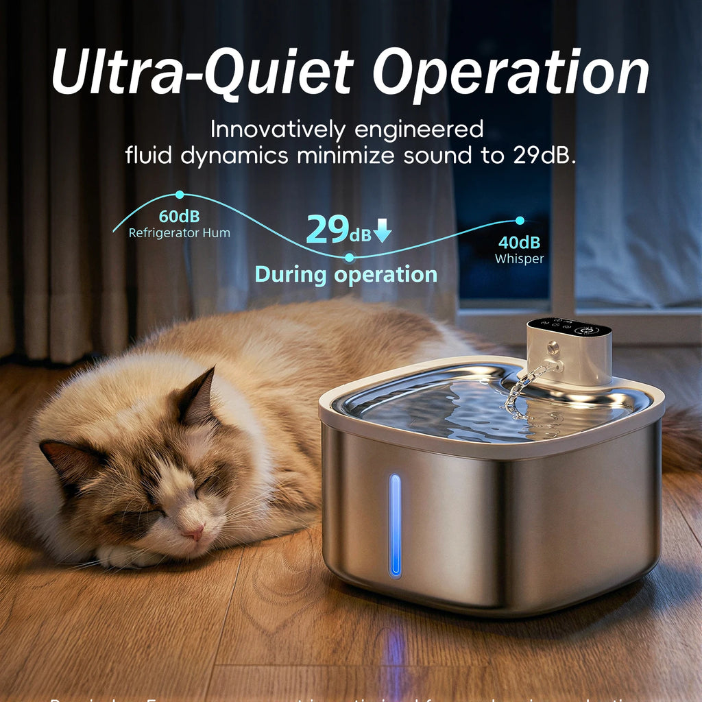 Fontaine à eau pour chat 3,5L Purificateur d'eau inductif sans fil pour animaux de compagnie, pompe silencieuse et plateau en acier inoxydable, batterie rechargeable de 4000mAh