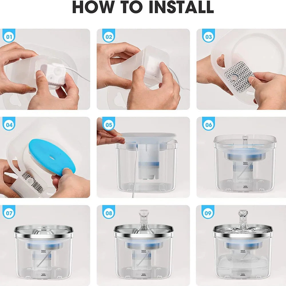 2L Stainless Steel Smart Pet Water Dispenser Automatic Flowing Water for Cats and Dogs, Visual Level, 5000mAh