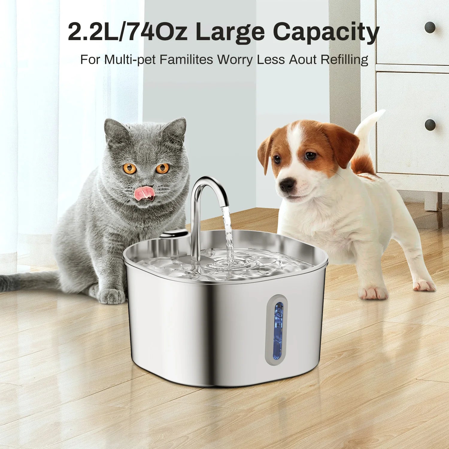 ZYFeeder 2.2L Automatic Cat Water Fountain Square Stainless Steel Pet Water Feeder Dog Water Fountain with window (No 5V 1A Plug)