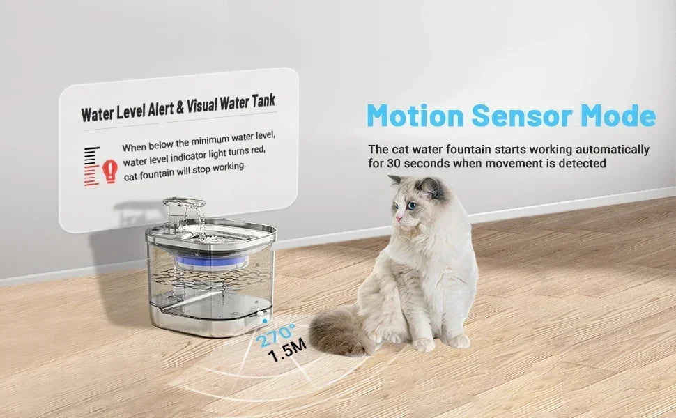 2L Stainless Steel Smart Pet Water Dispenser Automatic Flowing Water for Cats and Dogs, Visual Level, 5000mAh