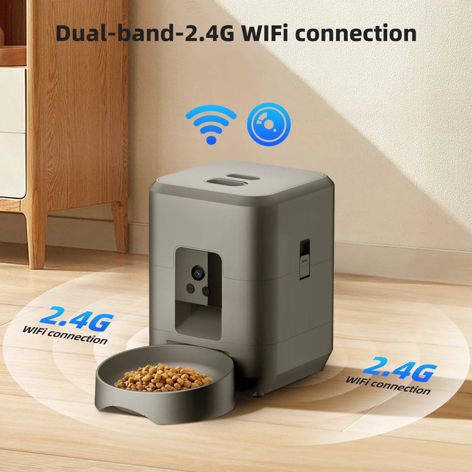 2L Automatic Pet Feeder Cat Smart Pet Feeder Wi-Fi & Camera Controlled Feeder Dog & Cat Food Dispenser Remote App (No 5V 2A plug)