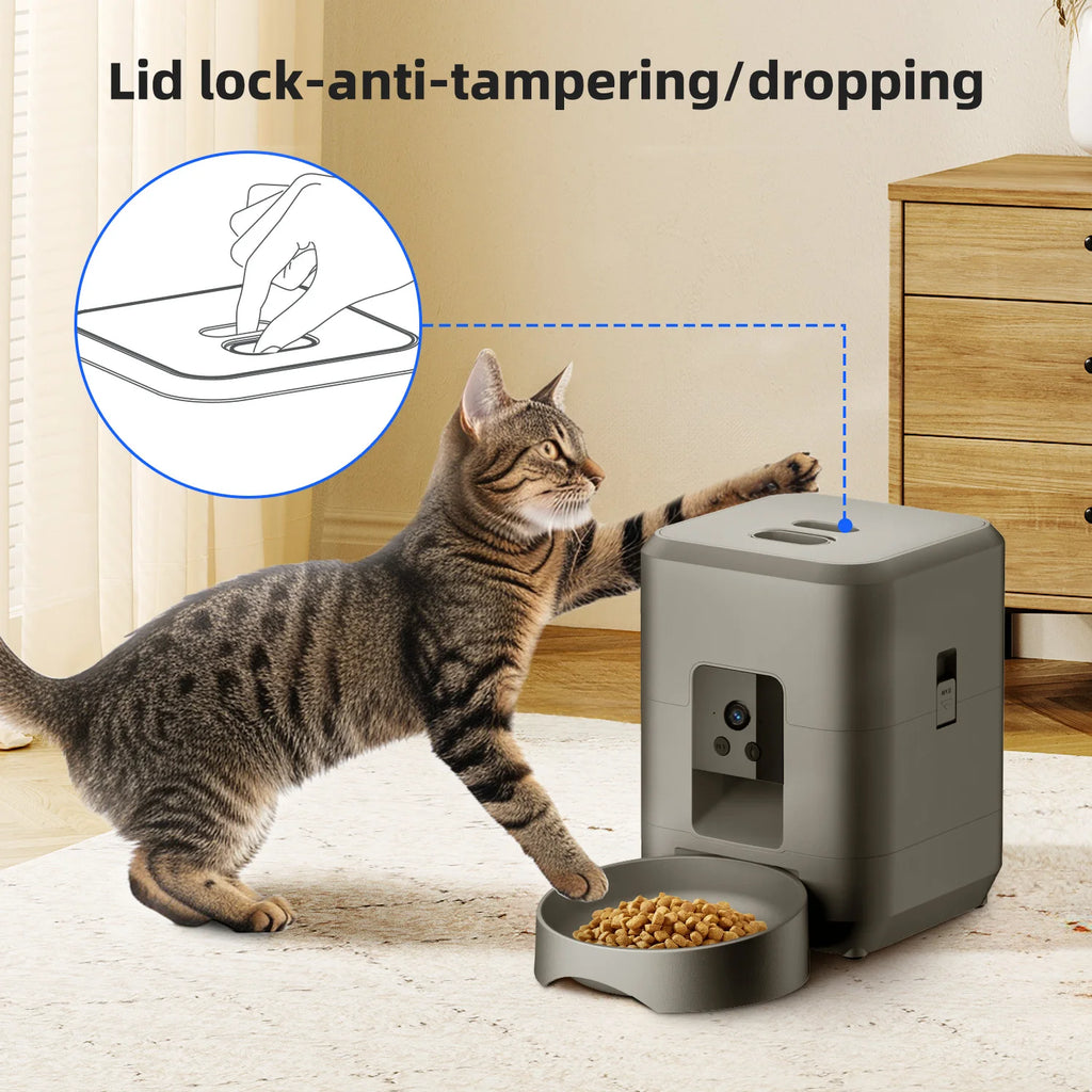 2L Automatic Pet Feeder Cat Smart Pet Feeder Wi-Fi & Camera Controlled Feeder Dog & Cat Food Dispenser Remote App (No 5V 2A plug)