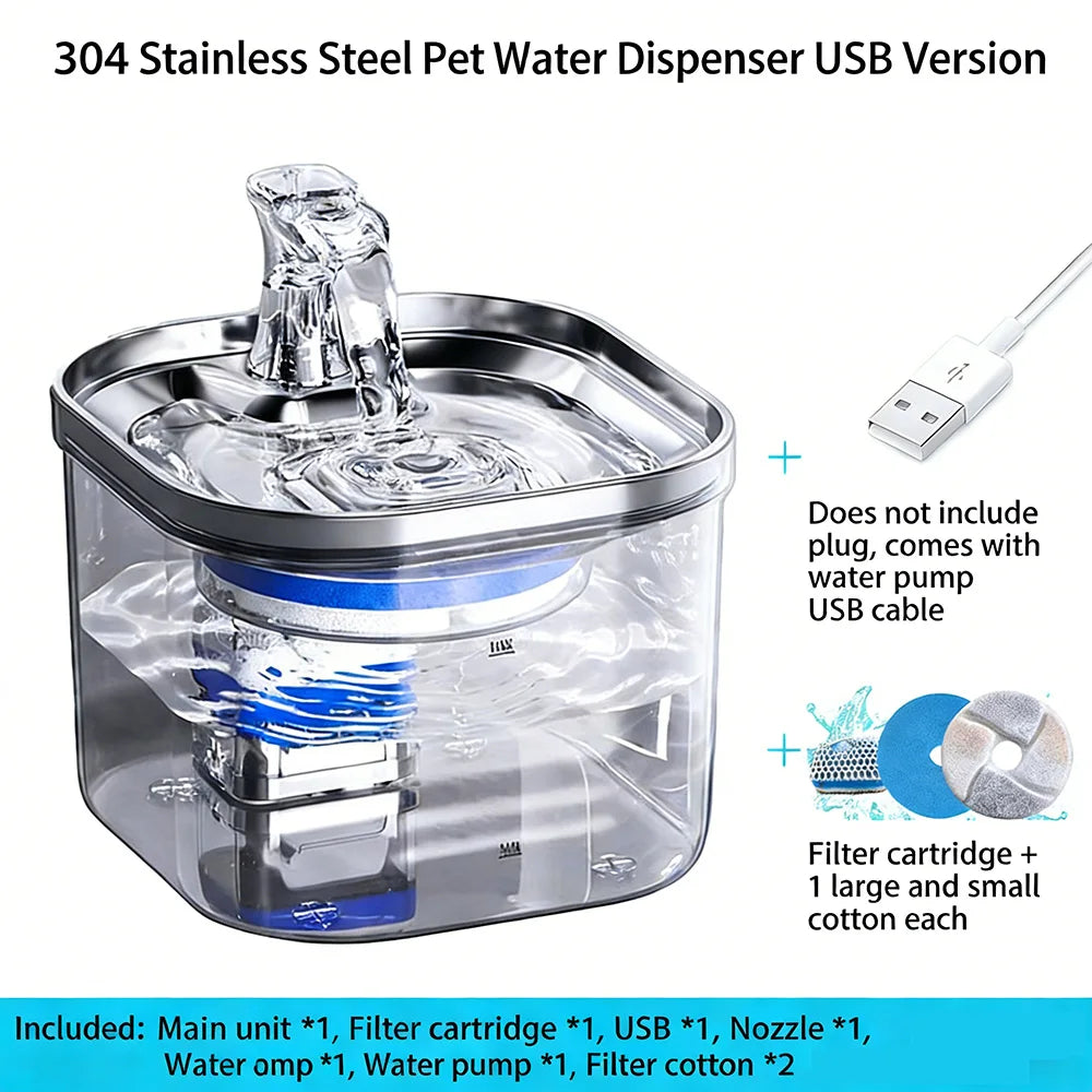 2L Stainless Steel Smart Pet Water Dispenser Auto Circulates Flowing Water Water Cats Dog Drinking Bowl Visual Level 5000mAh