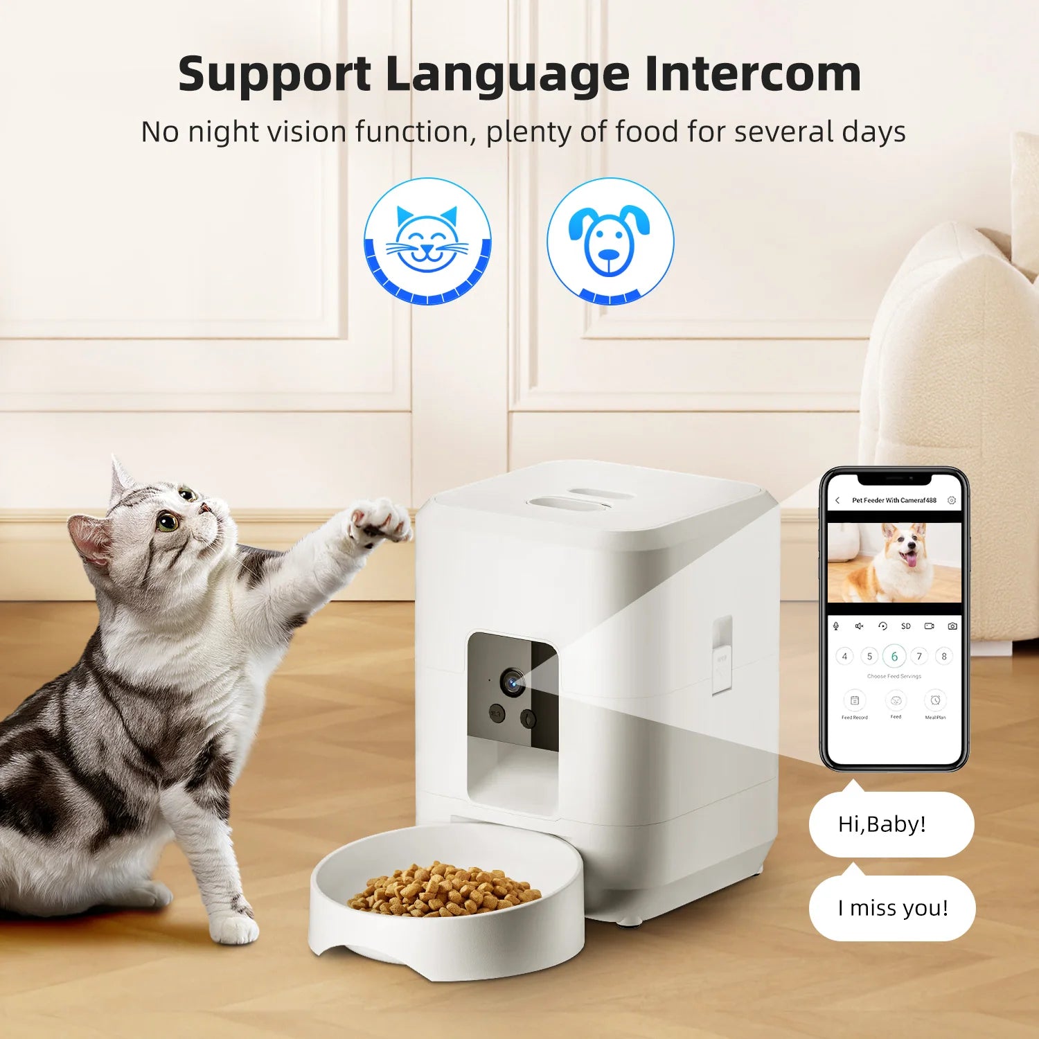 2L Automatic Pet Feeder Cat Smart Pet Feeder Wi-Fi & Camera Controlled Feeder Dog & Cat Food Dispenser Remote App (No 5V 2A plug)