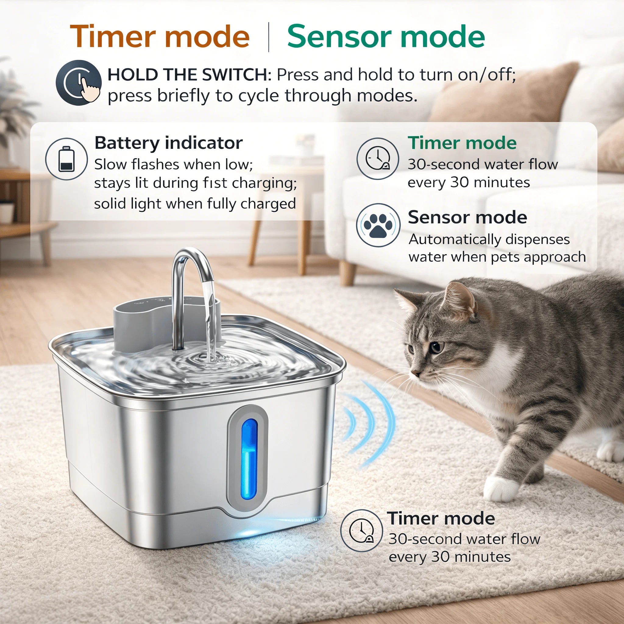 Smart Wireless Cat Water Fountain 4000mAh Rechargeable Battery Sensor Stainless Steel Automatic Pet Water Dispenser with Filter