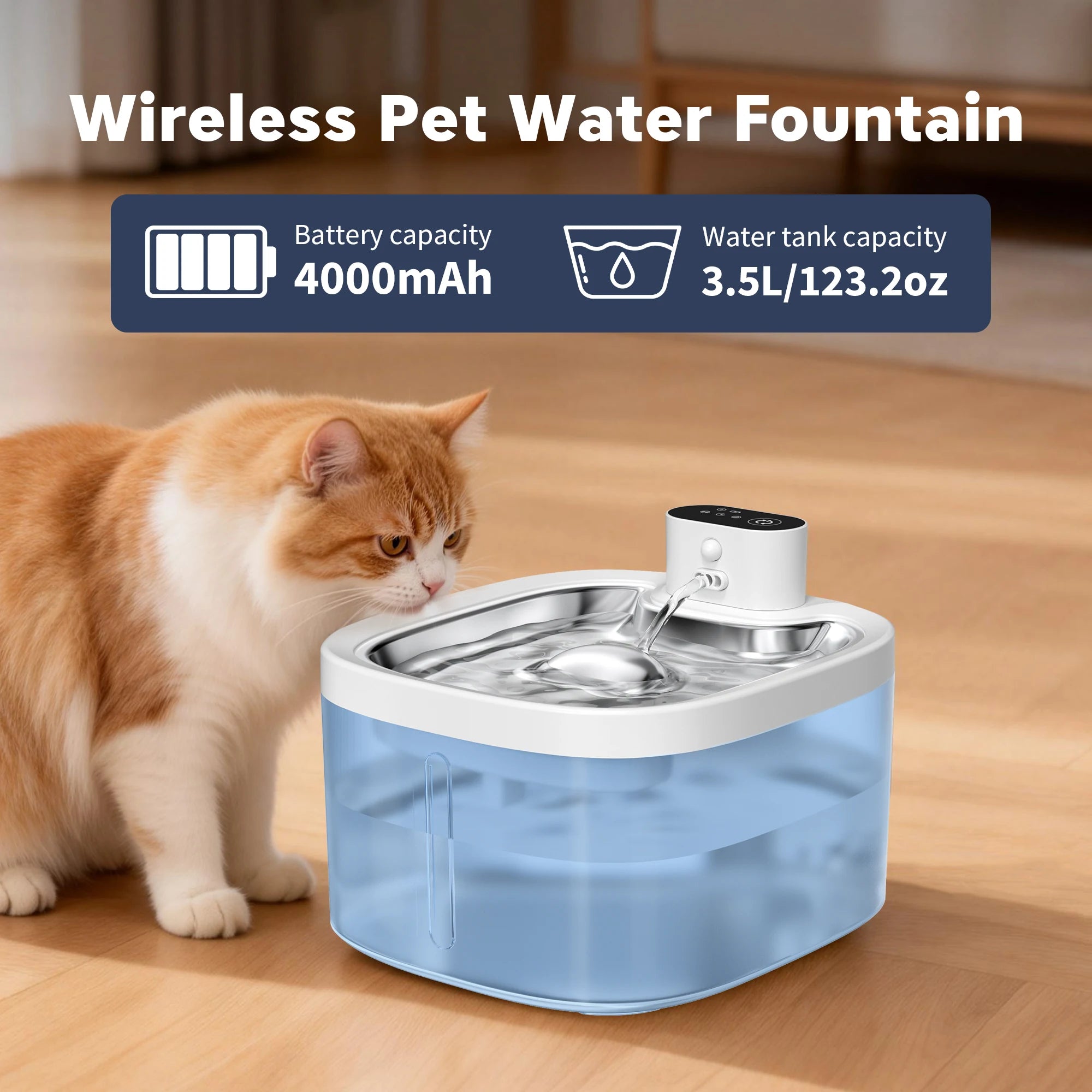 Wireless Smart Pet Water Dispenser, Automatic Pet Water Fountain, with Filter and Silent Pump, for Dog Cat Essentials 3.5L