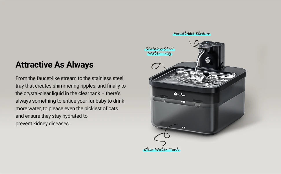 DownyPaws 2.5L Automatic Stainless Steel Cat Water Fountain 4000mAh Wireless Pet Drinker Battery & Sensor 2 in 1 Dispenser