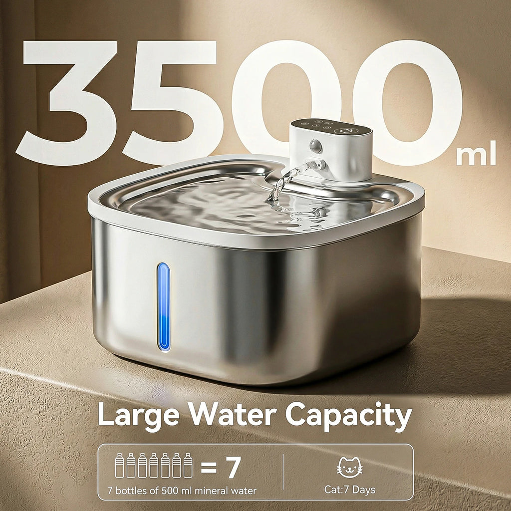 Fontaine à eau pour chat 3,5L Purificateur d'eau inductif sans fil pour animaux de compagnie, pompe silencieuse et plateau en acier inoxydable, batterie rechargeable de 4000mAh