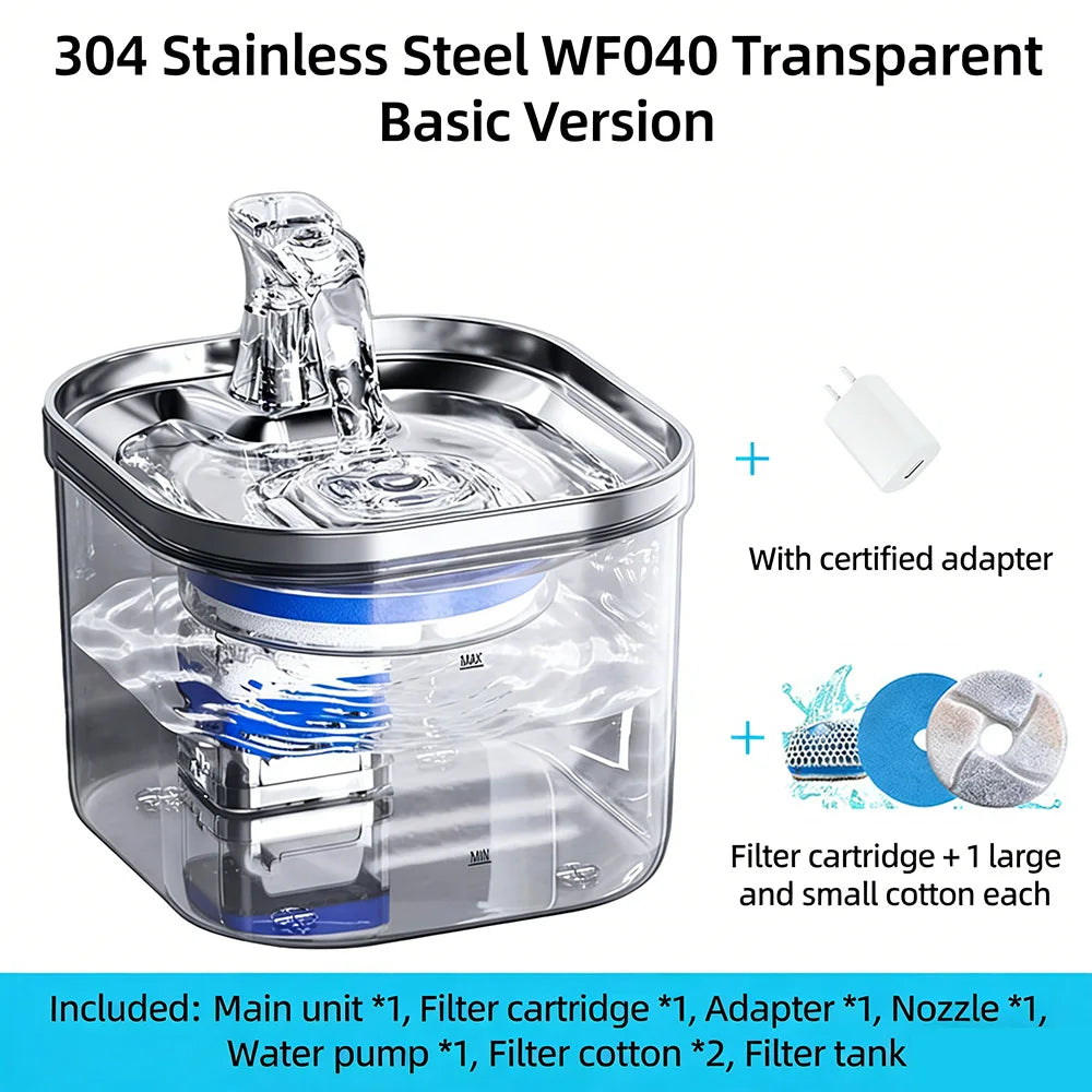 2L Stainless Steel Smart Pet Water Dispenser Auto Circulates Flowing Water Water Cats Dog Drinking Bowl Visual Level 5000mAh