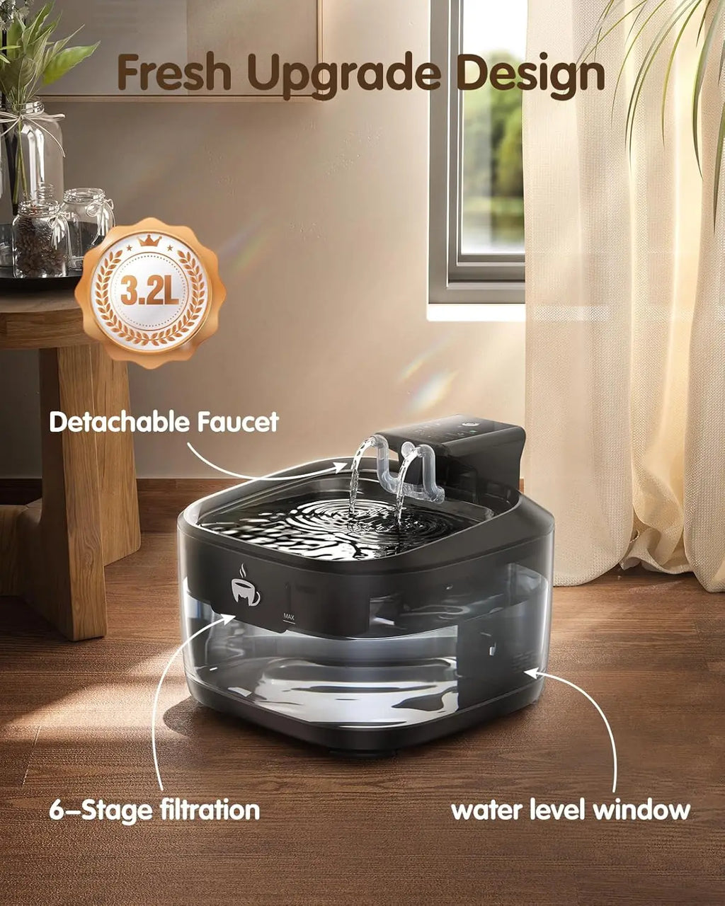 Cat Water Fountain Cordless 108oz/3.2L, Pet Drinking Fountain with 5000mAh Rechargeable Battery, 3 Modes, Motion Sensor