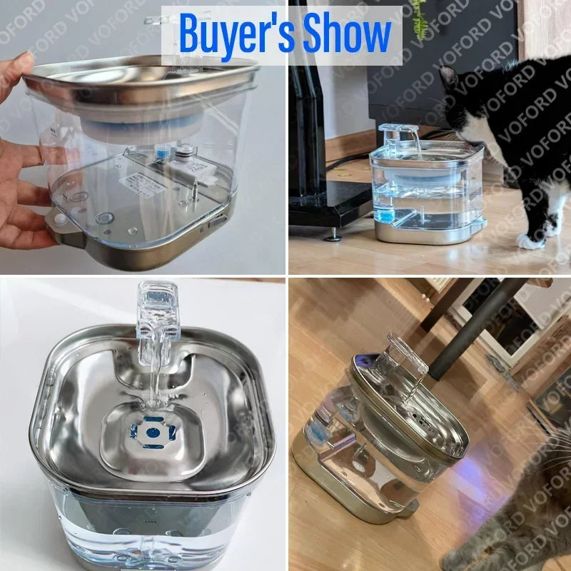 2L Stainless Steel Smart Pet Water Dispenser Automatic Flowing Water for Cats and Dogs, Visual Level, 5000mAh