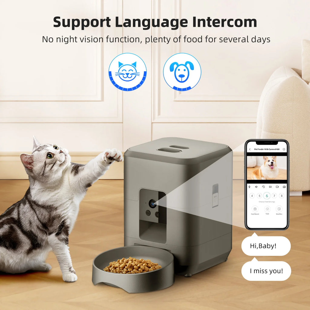 2L Automatic Pet Feeder Cat Smart Pet Feeder Wi-Fi & Camera Controlled Feeder Dog & Cat Food Dispenser Remote App (No 5V 2A plug)