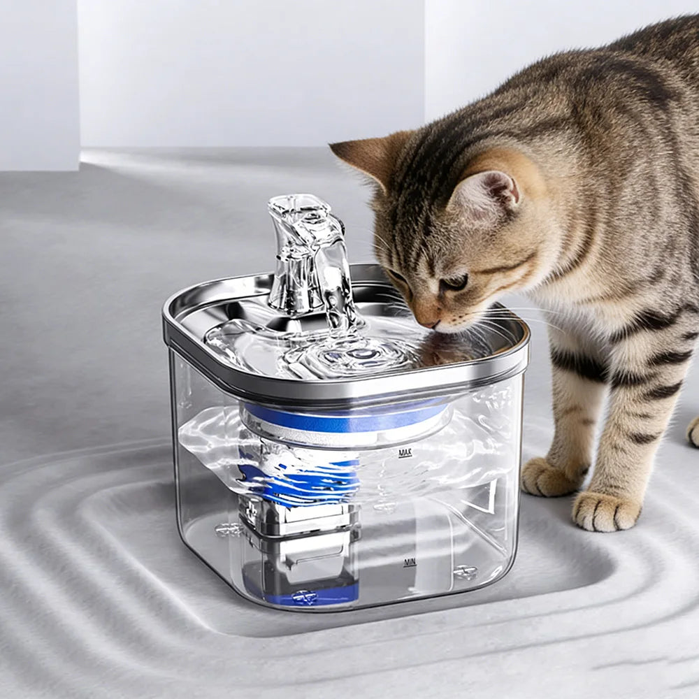 2L Stainless Steel Smart Pet Water Dispenser Auto Circulates Flowing Water Water Cats Dog Drinking Bowl Visual Level 5000mAh