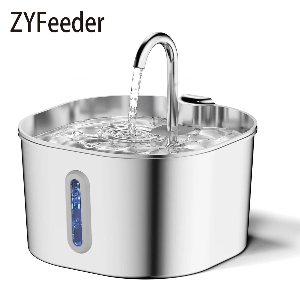 ZYFeeder 2.2L Automatic Cat Water Fountain Square Stainless Steel Pet Water Feeder Dog Water Fountain with window (No 5V 1A Plug)