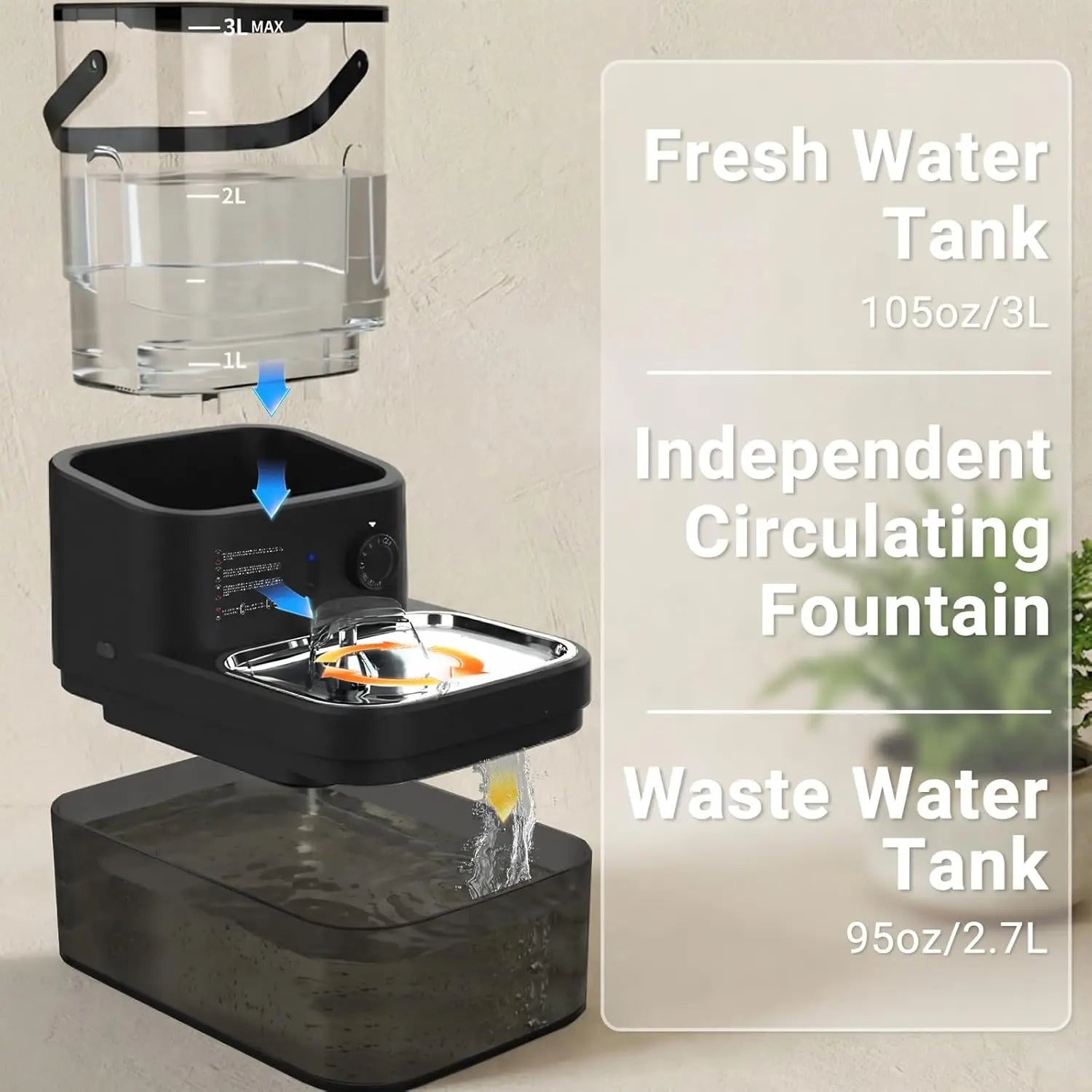 Filterless Cat Water Fountain 3L Wireless Motion Sensor with 4000mAh Battery Stainless Steel Bowls Quiet Black