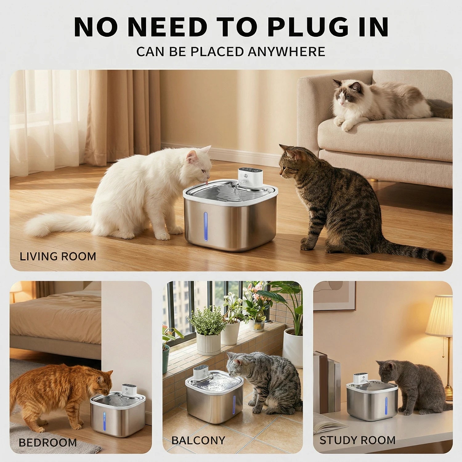 Cat Water Fountain 3.5L Wireless Inductive Pet Water Purifier, Silent Pump and Stainless Steel Tray, 4000mAh Rechargeable Battery