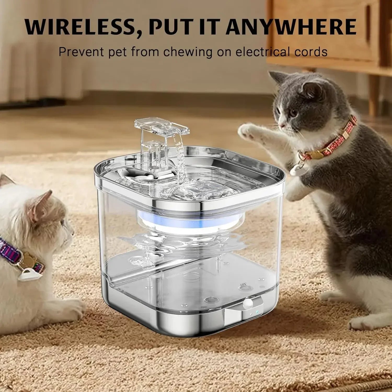 2L Stainless Steel Smart Pet Water Dispenser Auto Circulates Flowing Water Water Cats Dog Drinking Bowl Visual Level 5000mAh